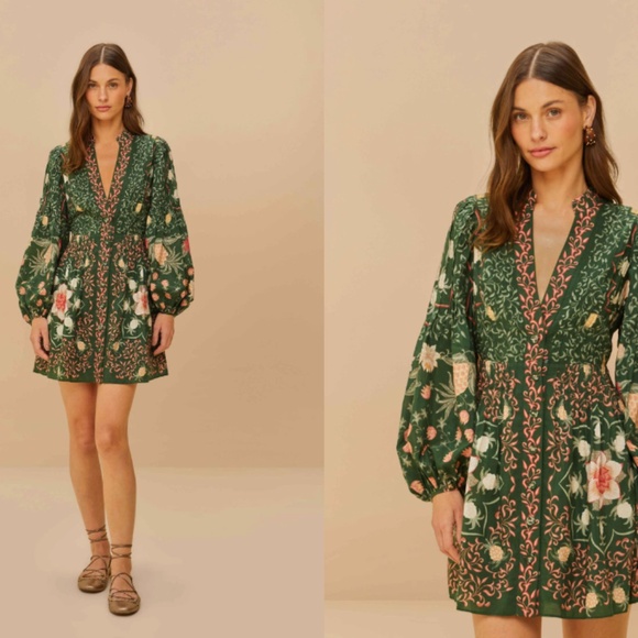 FARM Rio Dresses & Skirts - Farm Rio Green Pineapple Garden Long Sleeve Mini Dress